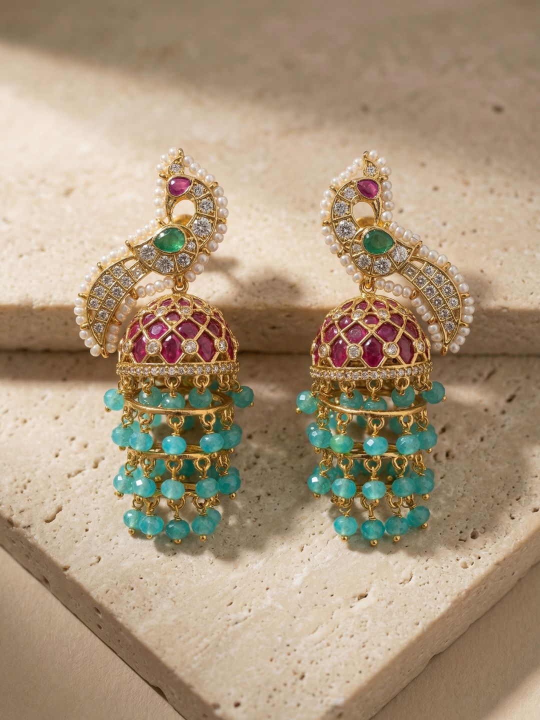 Ishhaara Kemp Peacock Layered Jhumka