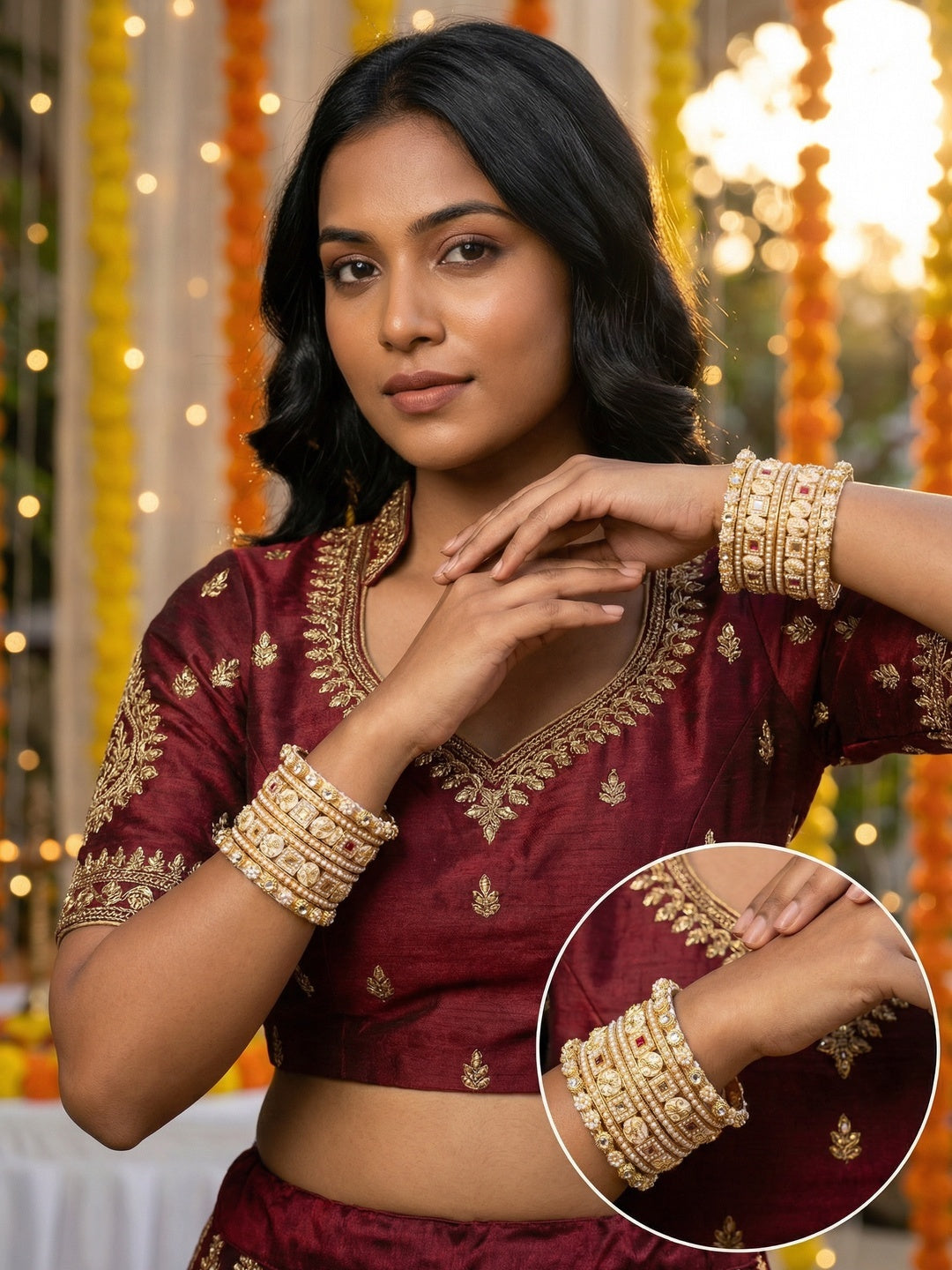 Ishhaara Kundan Bangle Set for Women - a beautiful model wearing gold-plated bangles with intricate designs