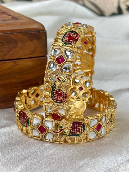 Ishhaara Kundan Elephant Bangles Pair - gold bangles with elephant design and kundan stones