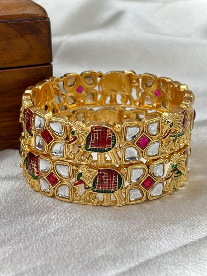 Ishhaara Kundan Elephant Bangles Pair - gold bangles with elephant design and kundan stones - view 2