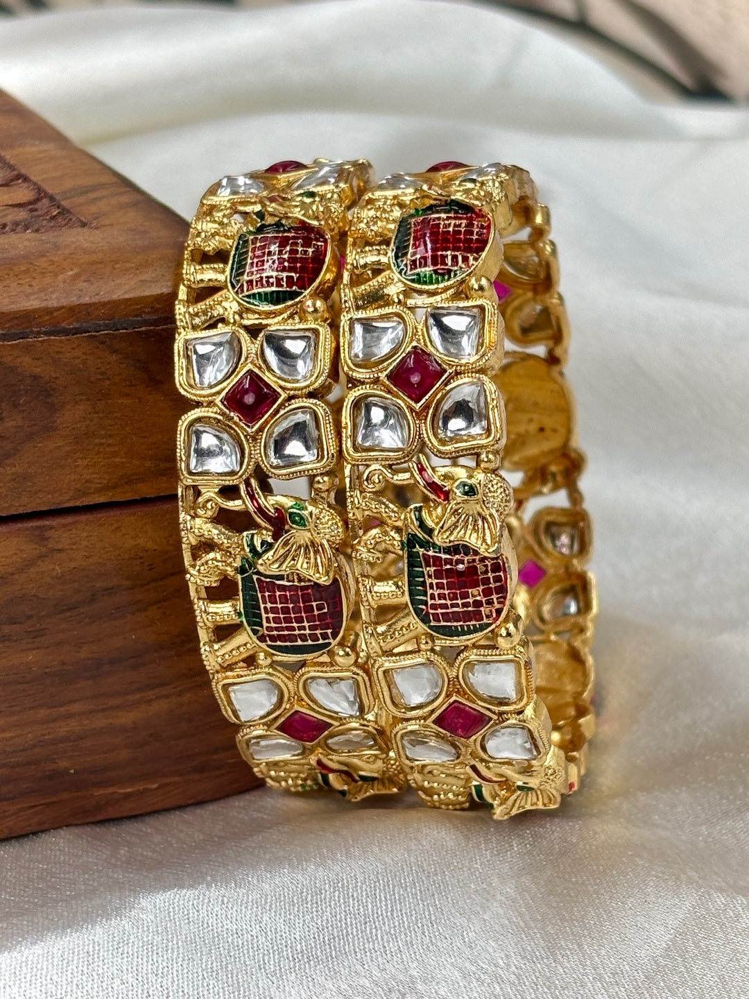 Ishhaara Kundan Elephant Bangles Pair - gold bangles with elephant design and kundan stones - view 3