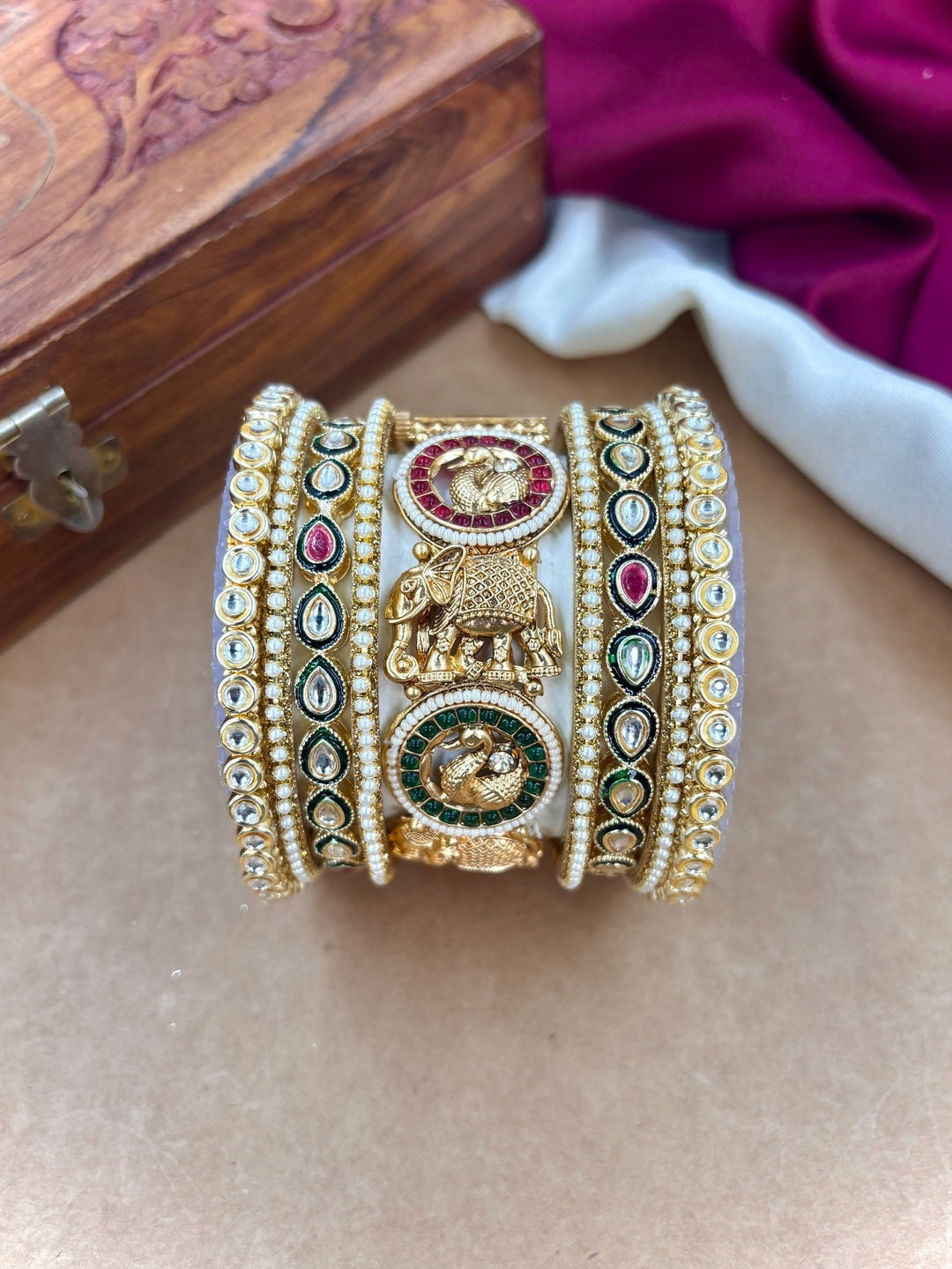 Ishhaara Kundan Elephant Design Bangle Pair — handcrafted Indian jewellery - view 3
