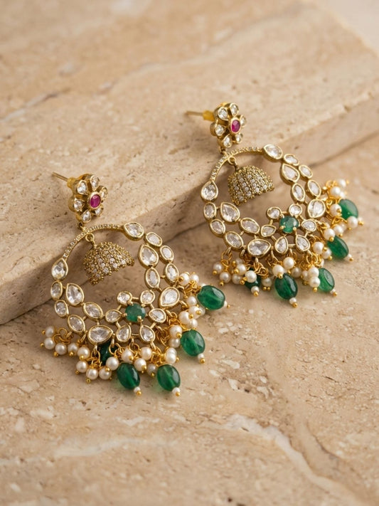 Ishhaara Kundan Leaf Chandbalis With Green Danglers