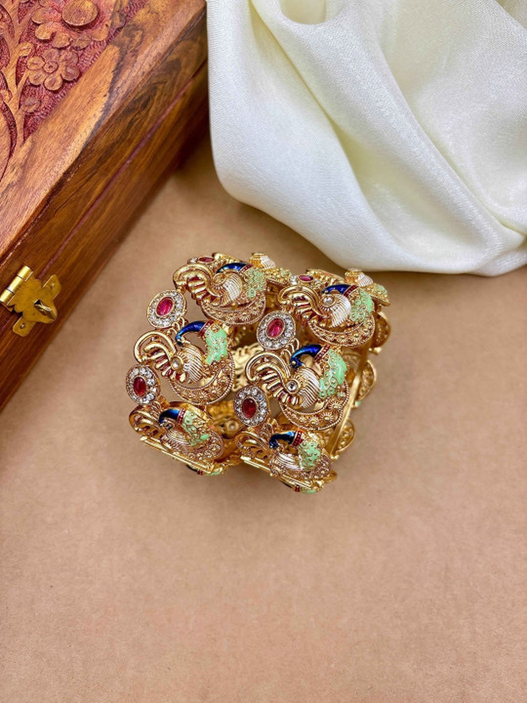 Ishhaara Kundan Peacock Bangle - gold-plated metal bangle with intricate peacock designs and colorful stones - view 2