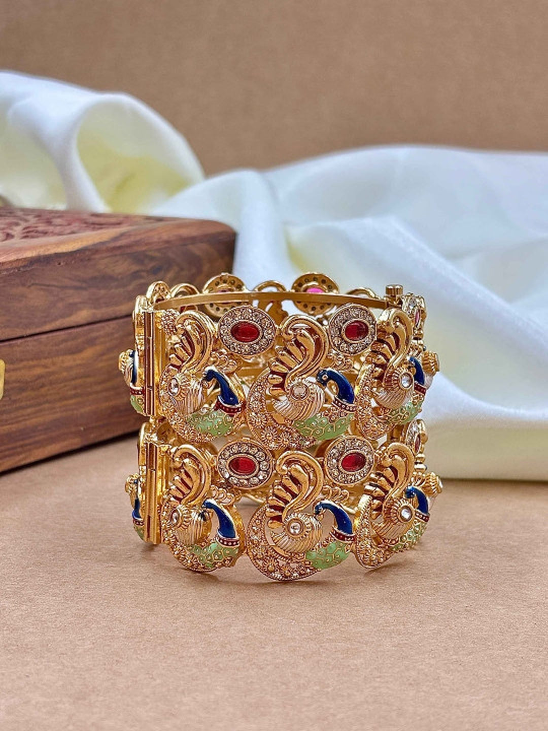Ishhaara Kundan Peacock Bangle - gold-plated metal bangle with intricate peacock designs and colorful stones - view 3