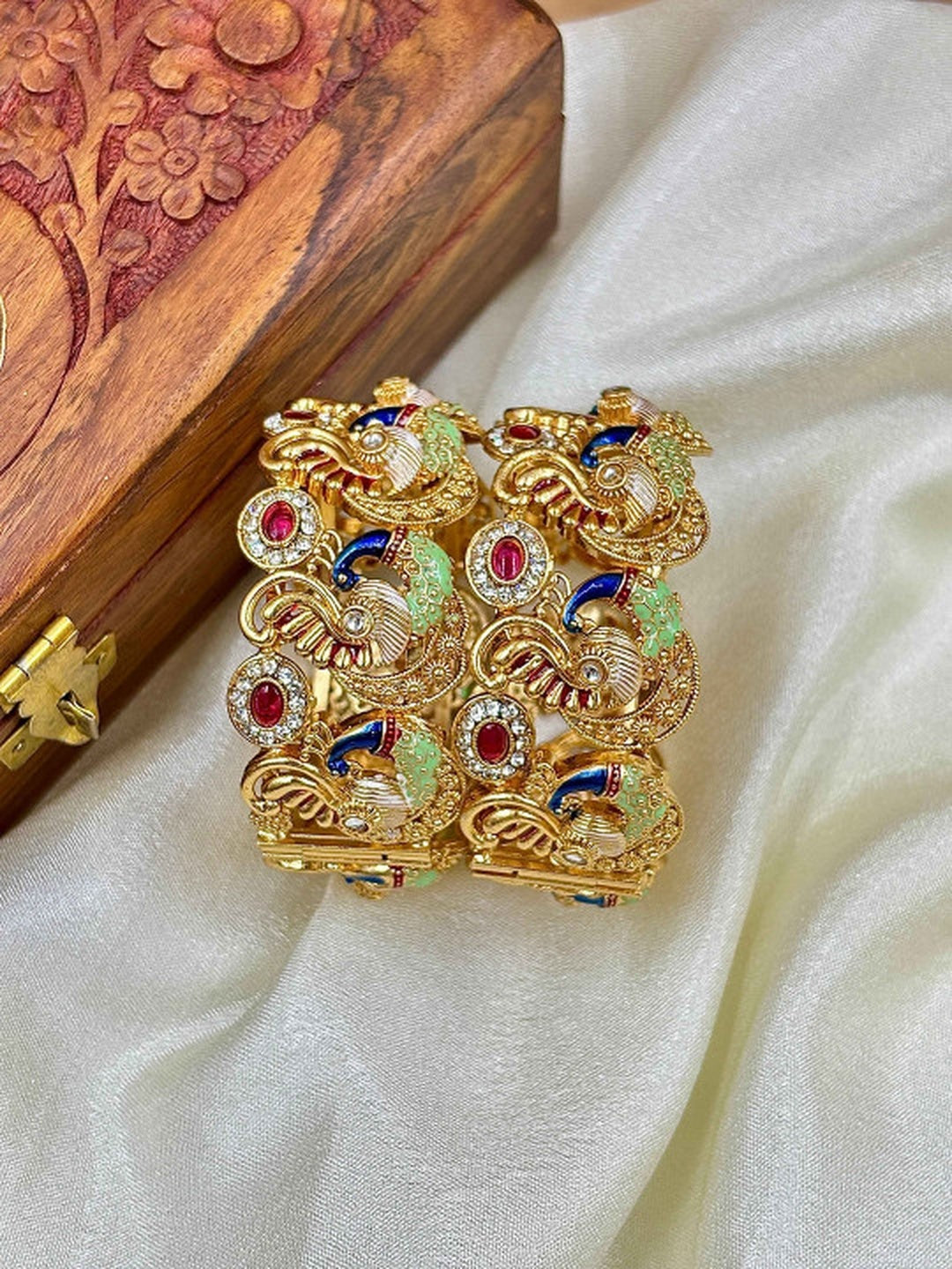 Ishhaara Kundan Peacock Bangle - gold-plated metal bangle with intricate peacock designs and colorful stones - view 4