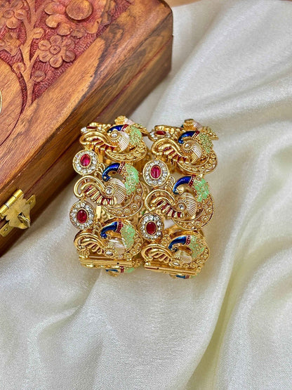 Ishhaara Kundan Peacock Bangle - gold-plated metal bangle with intricate peacock designs and colorful stones - view 4