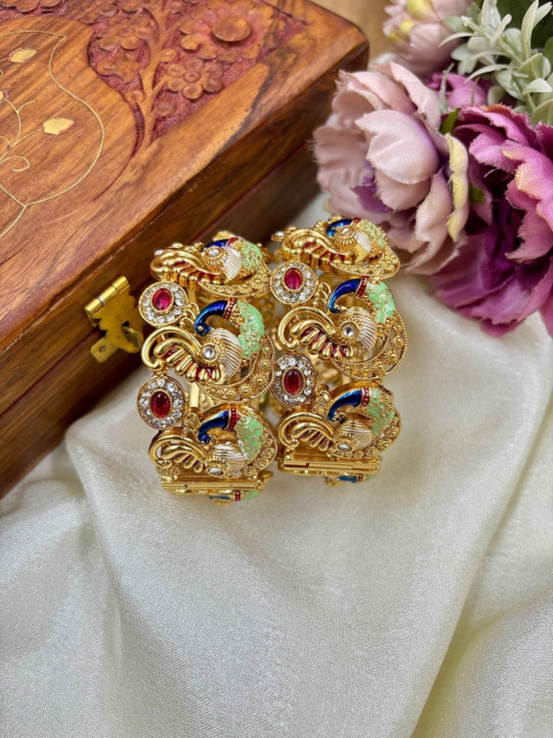 Ishhaara Kundan Peacock Bangle - gold-plated metal bangle with intricate peacock designs and colorful stones - view 5