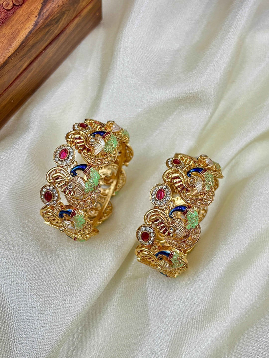 Ishhaara Kundan Peacock Bangle - gold-plated metal bangle with intricate peacock designs and colorful stones - view 6