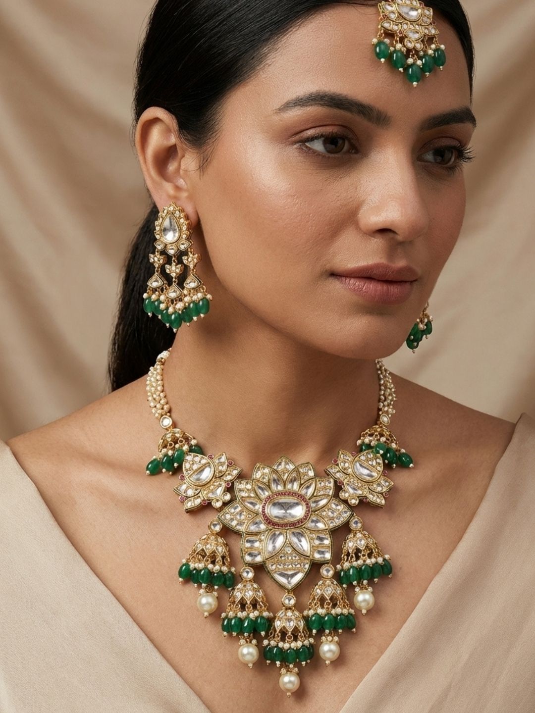 Ishhaara Lotus Shaped Pachi Kundan Bridal Necklace