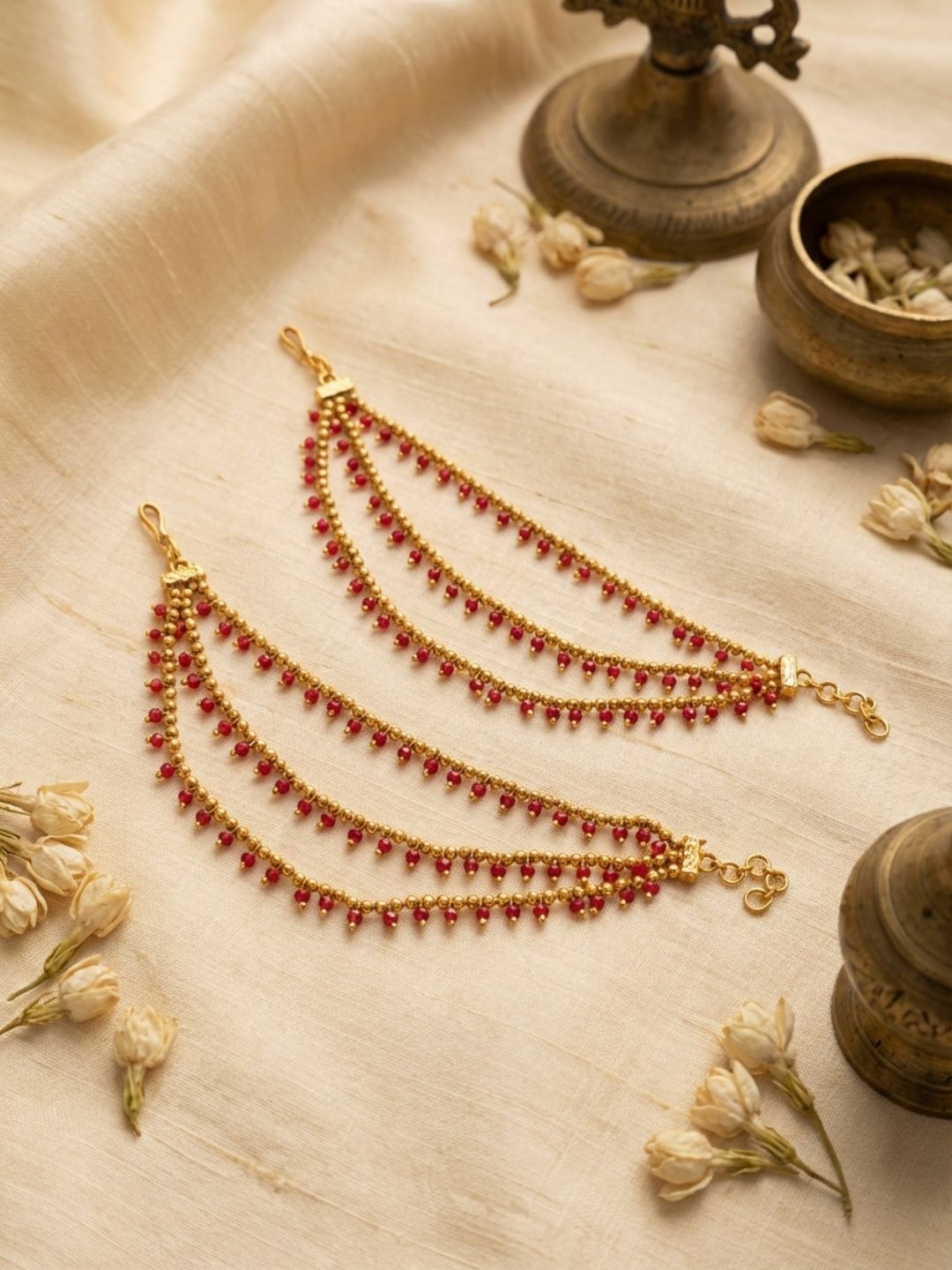 Ishhaara Matte Finish Pink Beaded Ear Chain