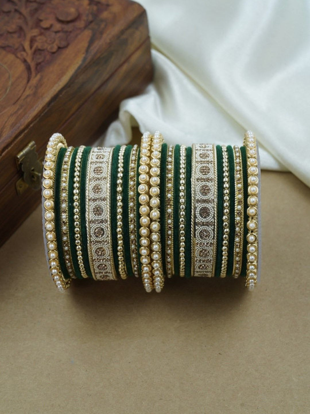 Ishhaara Meenakari Green Velvet Bangle Set — handcrafted Indian jewellery