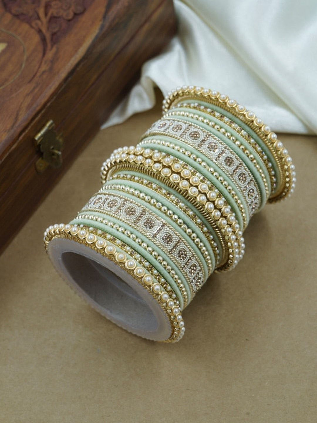 Ishhaara Meenakari Green Velvet Bangle Set — handcrafted Indian jewellery - view 10