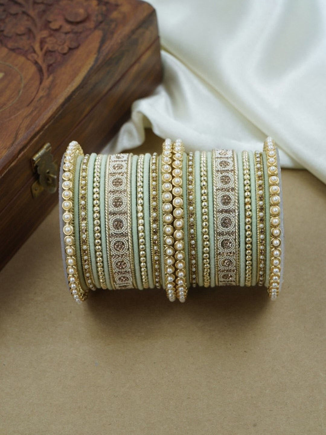 Ishhaara Meenakari Green Velvet Bangle Set — handcrafted Indian jewellery - view 11
