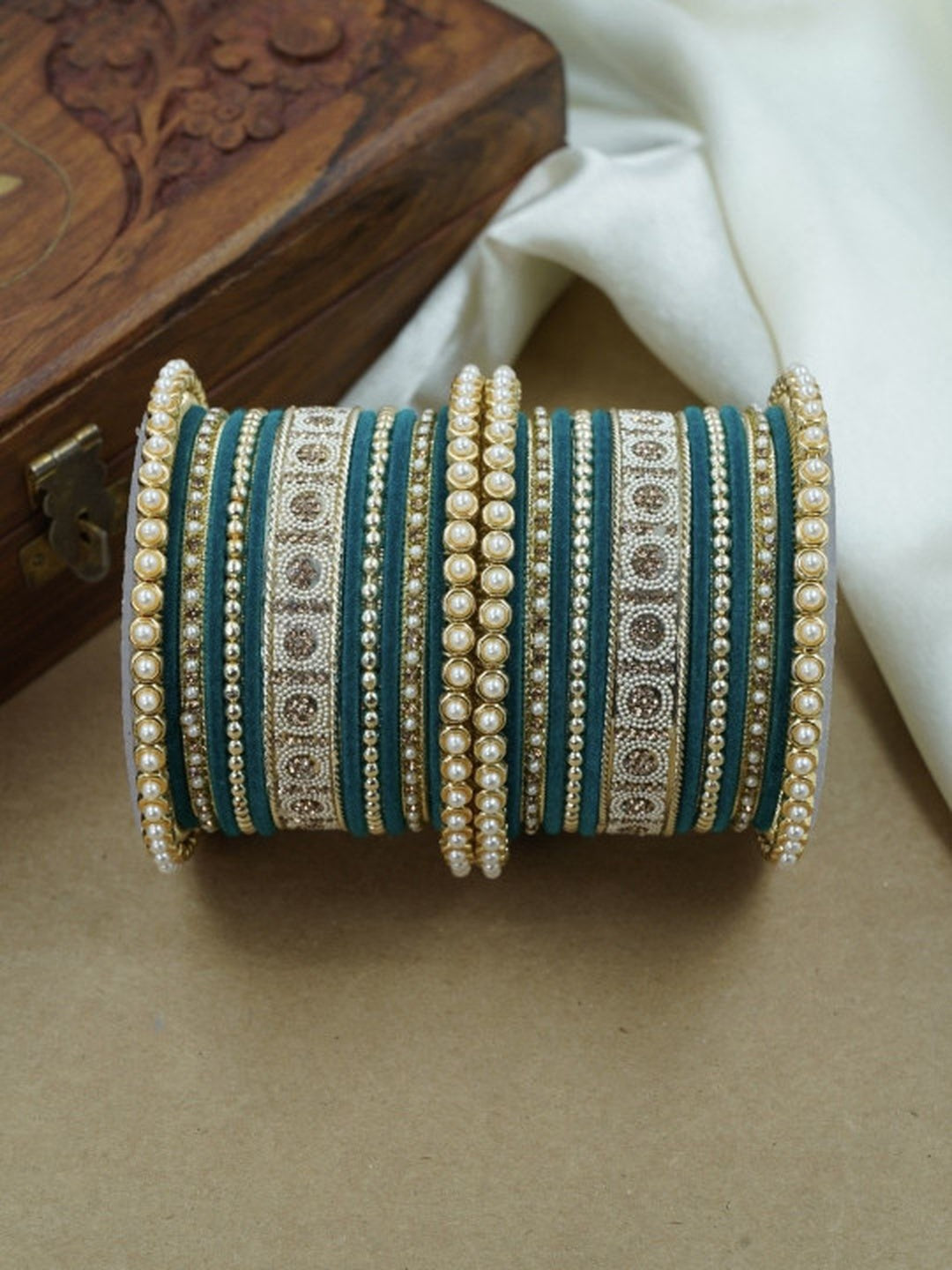 Ishhaara Meenakari Green Velvet Bangle Set — handcrafted Indian jewellery - view 13