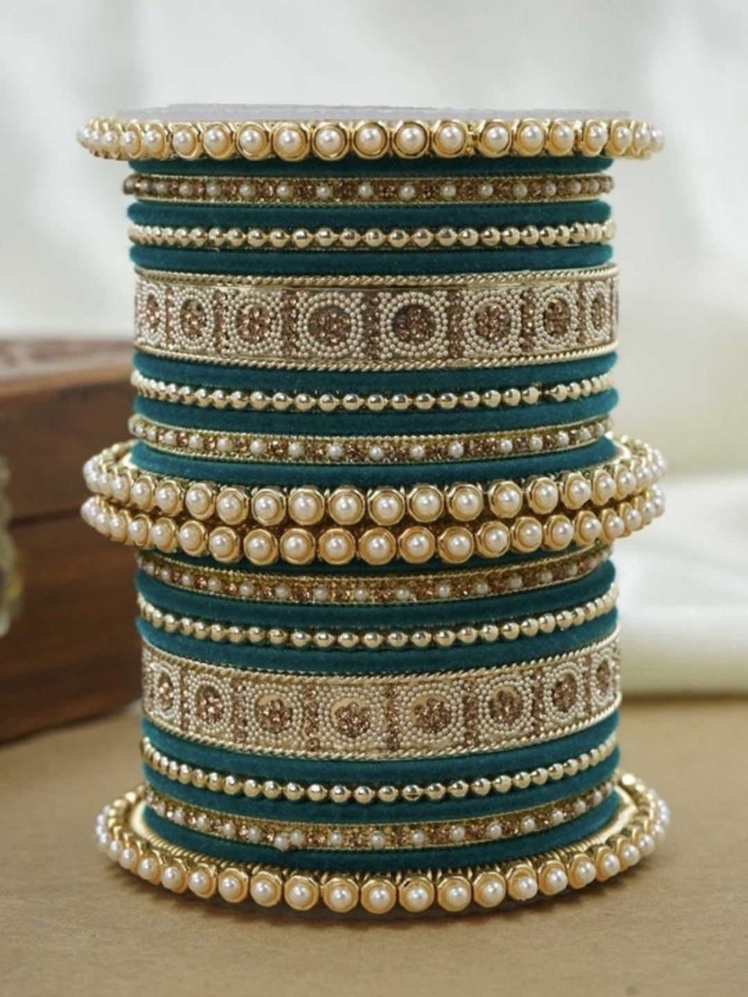 Ishhaara Meenakari Green Velvet Bangle Set — handcrafted Indian jewellery - view 14