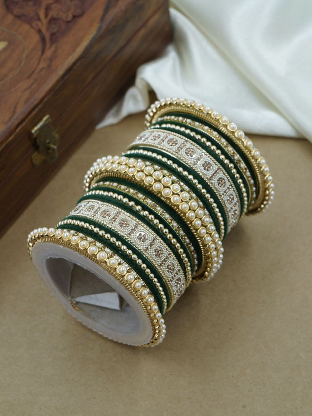 Ishhaara Meenakari Green Velvet Bangle Set — handcrafted Indian jewellery - view 2