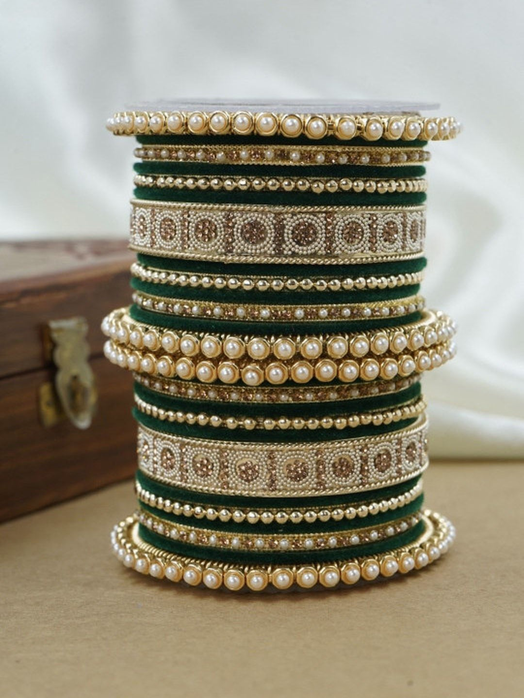 Ishhaara Meenakari Green Velvet Bangle Set — handcrafted Indian jewellery - view 3