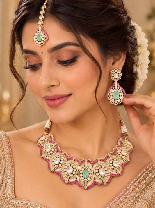 Ishhaara Mint Green And Pink Kundan Polki Choker Necklace Set