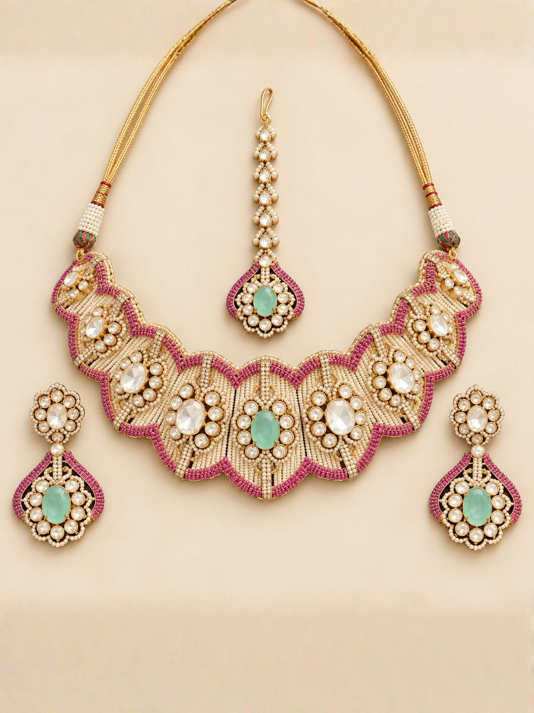 Ishhaara Mint Green And Pink Kundan Polki Choker Necklace Set