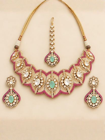 Ishhaara Mint Green And Pink Kundan Polki Choker Necklace Set