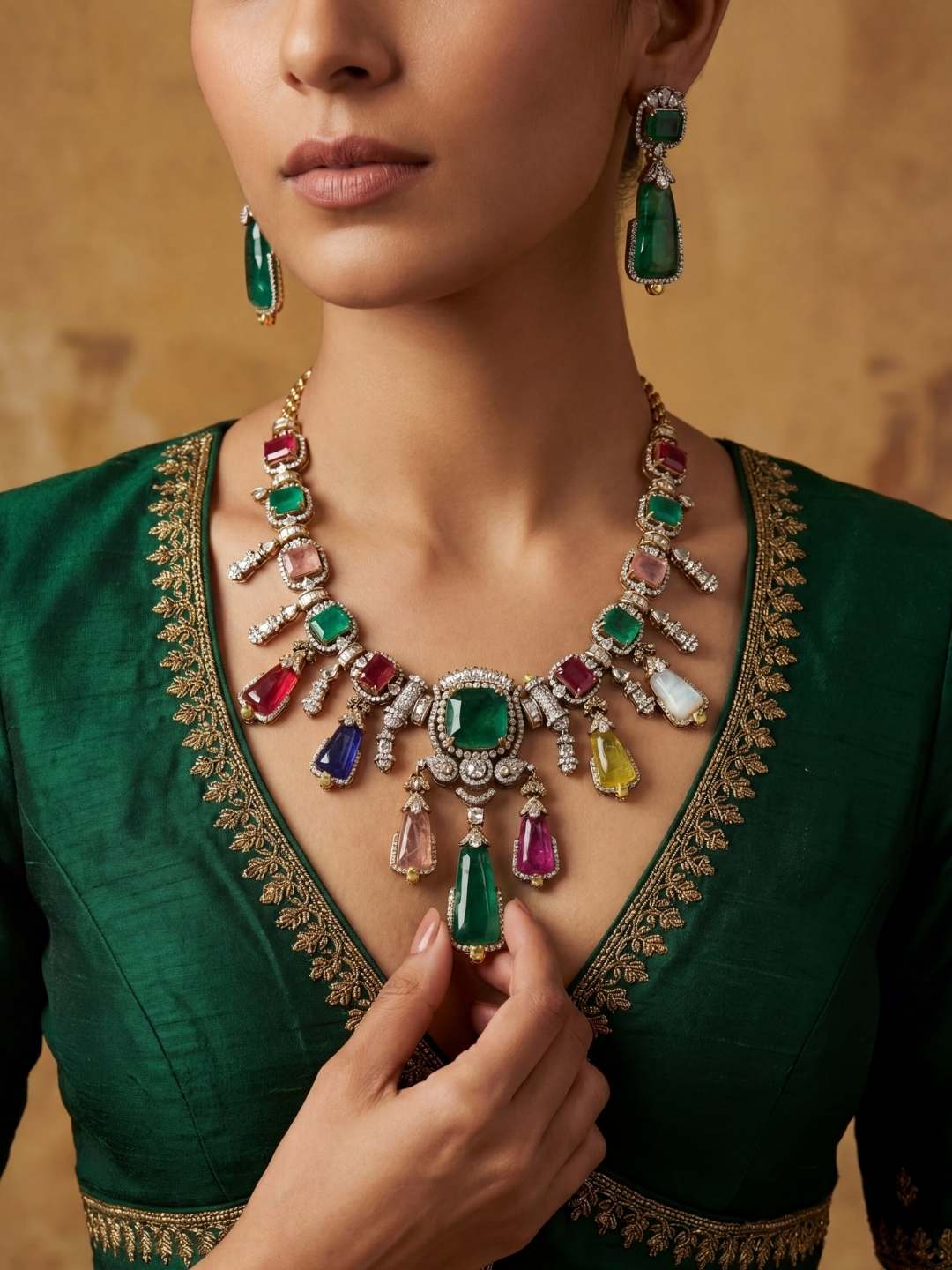 Ishhaara Moissanite Polki Multicolour Semi Precious Stone Choker