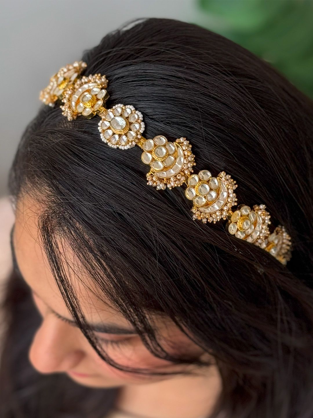 Ishhaara Moon Shaped Polki Kundan Studded Hairband