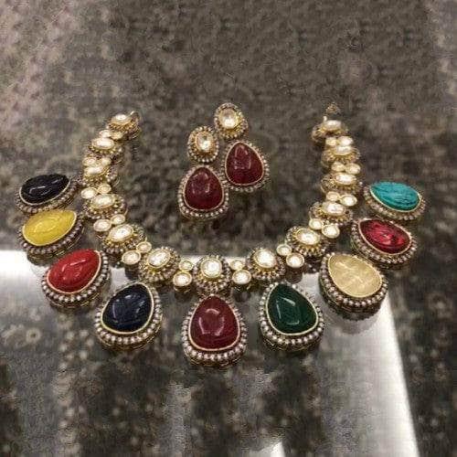 Ishhaara Carved Stone Polki Drop Necklace Set