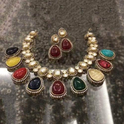 Ishhaara Carved Stone Polki Drop Necklace Set