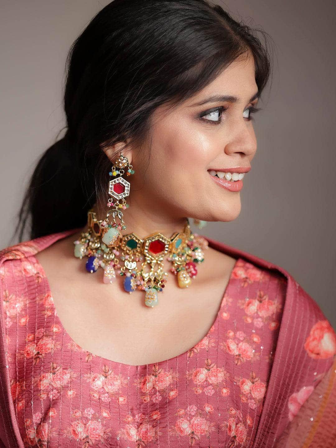 Ishhaara Multi Color Navratna Stone Choker Set