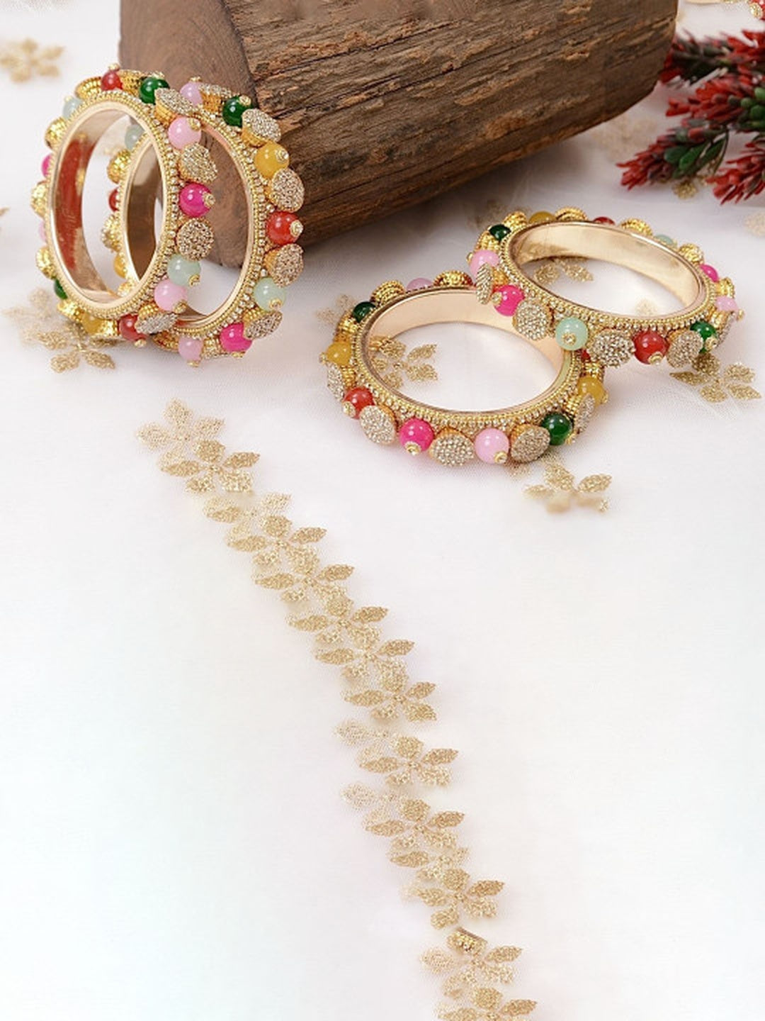 Ishhaara Multicolor Kundan Bangle Set of 3 - gold-plated bangles with multicolor stones - view 2