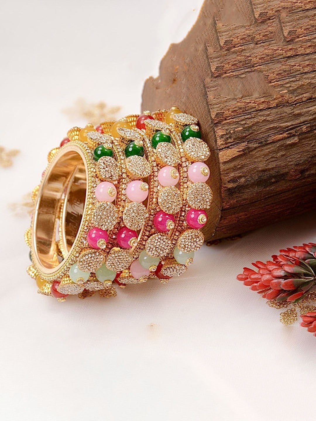 Ishhaara Multicolor Kundan Bangle Set of 3 - gold-plated bangles with multicolor stones - view 4