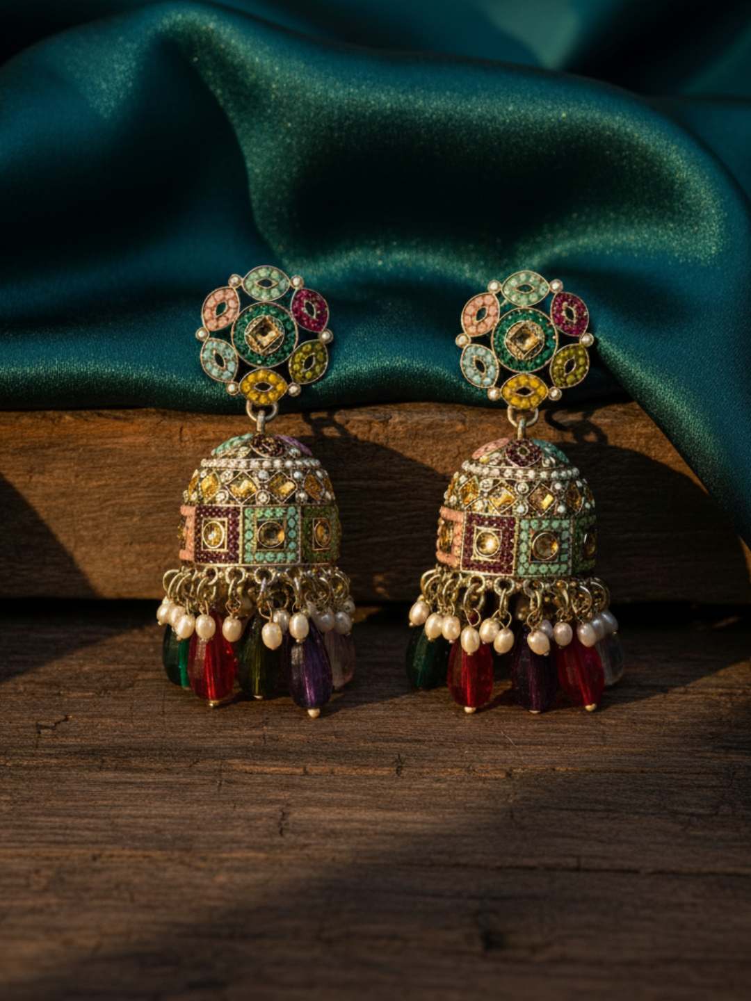 Ishhaara Multicolor Kundan Beaded Jhumka Earrings
