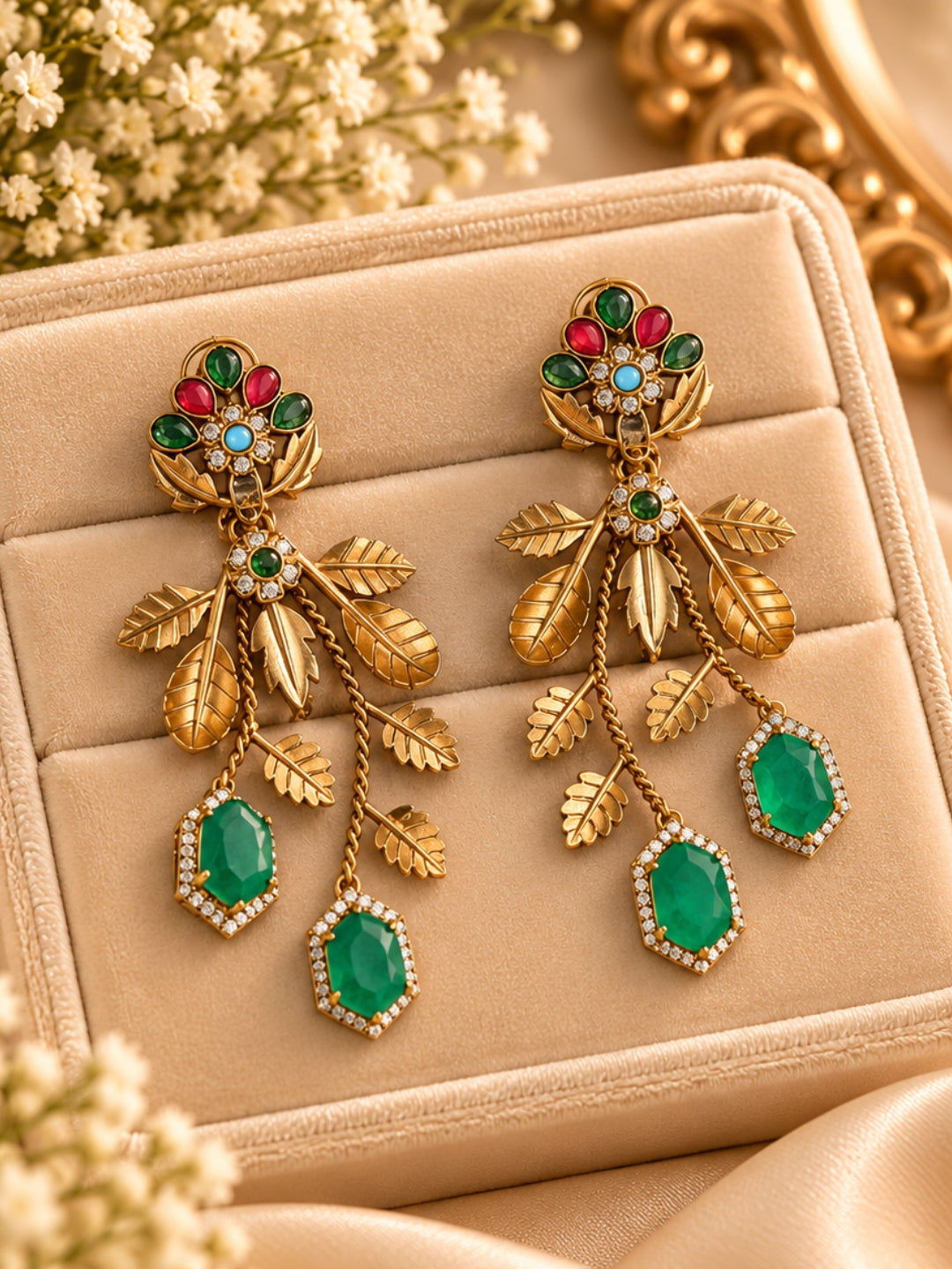 Ishhaara Navratan Stone Studded Polki Drop Earrings