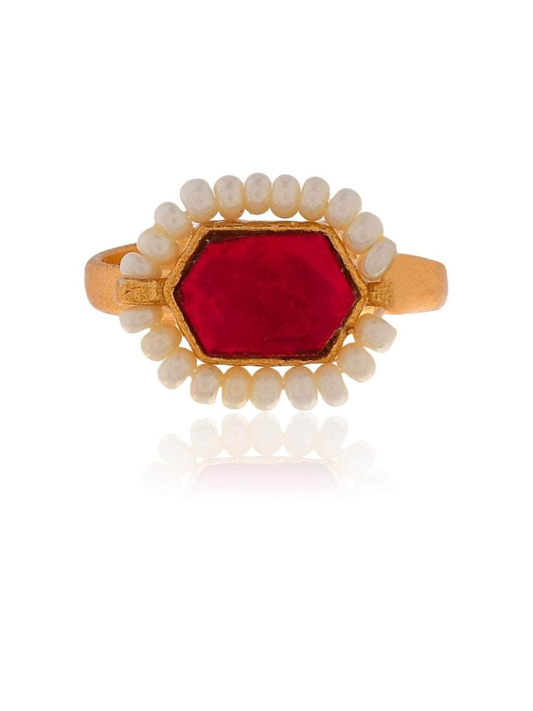 Ishhaara Oblong Kundan Pearl Ring Red