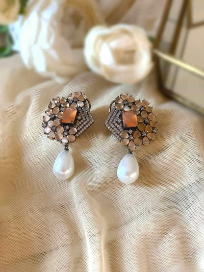 Ishhaara Orange Crystal-Pearl Harmony Earring-White