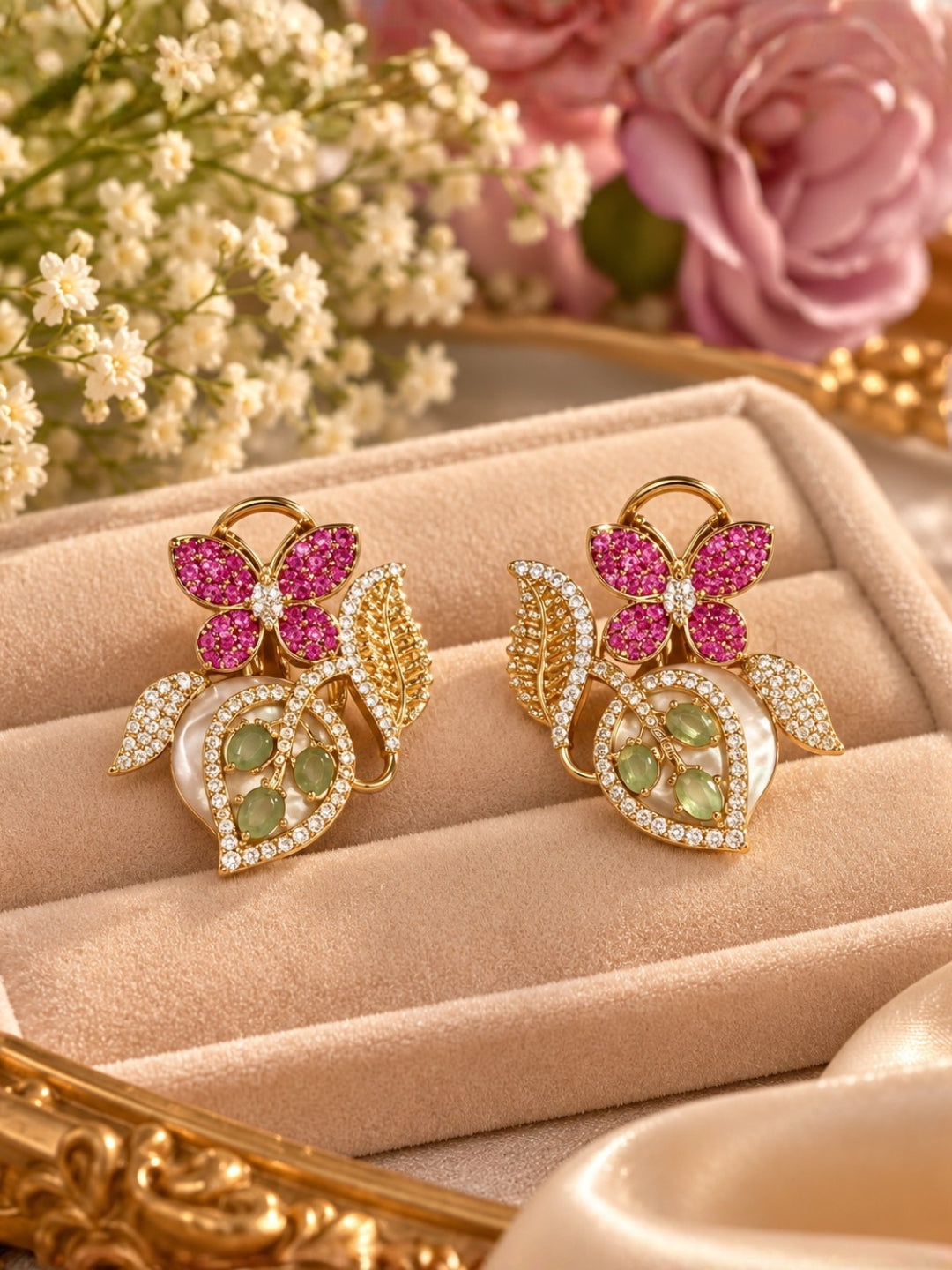 Ishhaara Ornate Butterfly And Leaf Gold Earrings