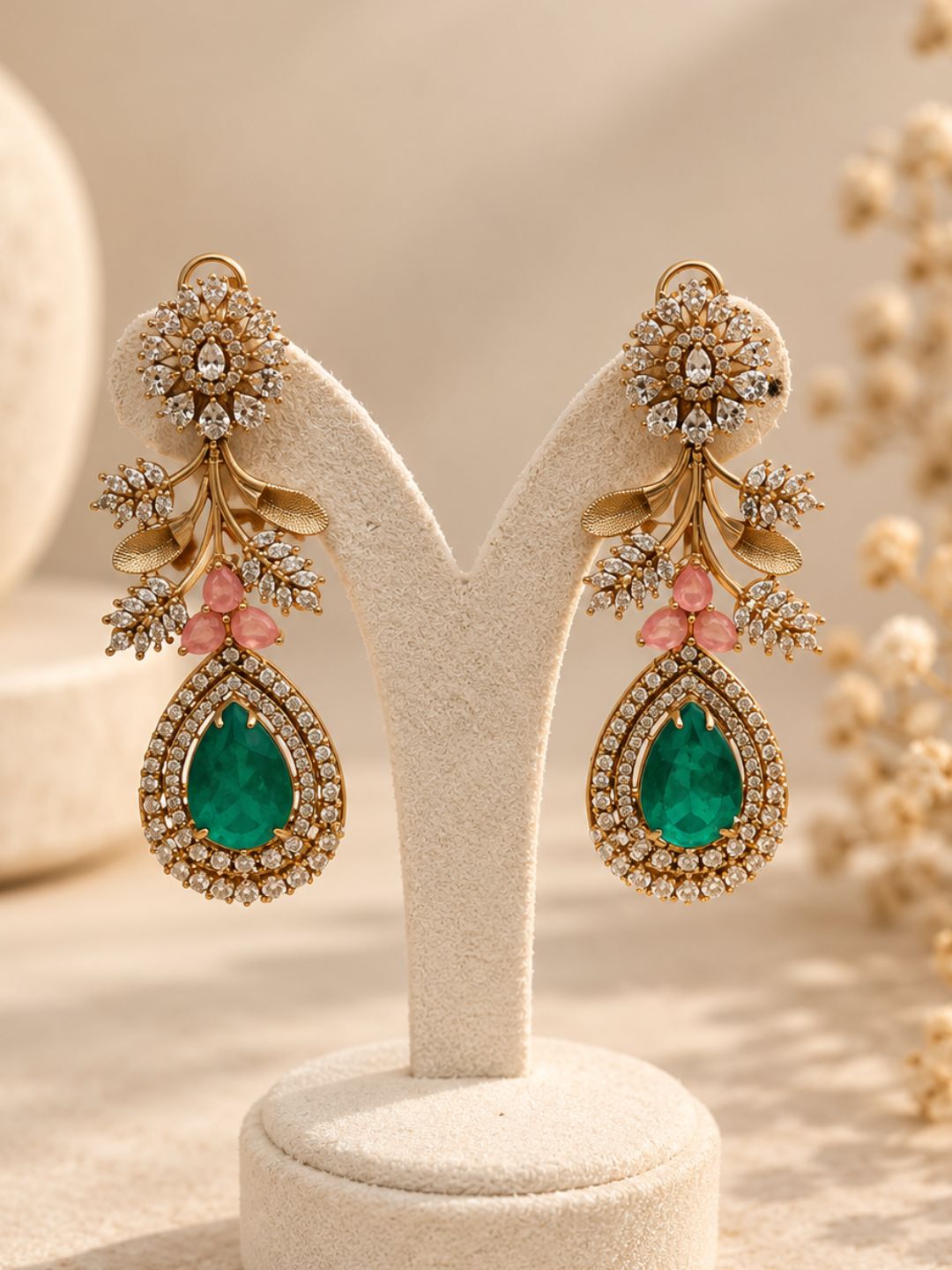 Ishhaara Ornate Emerald And Gold Drop Earrings