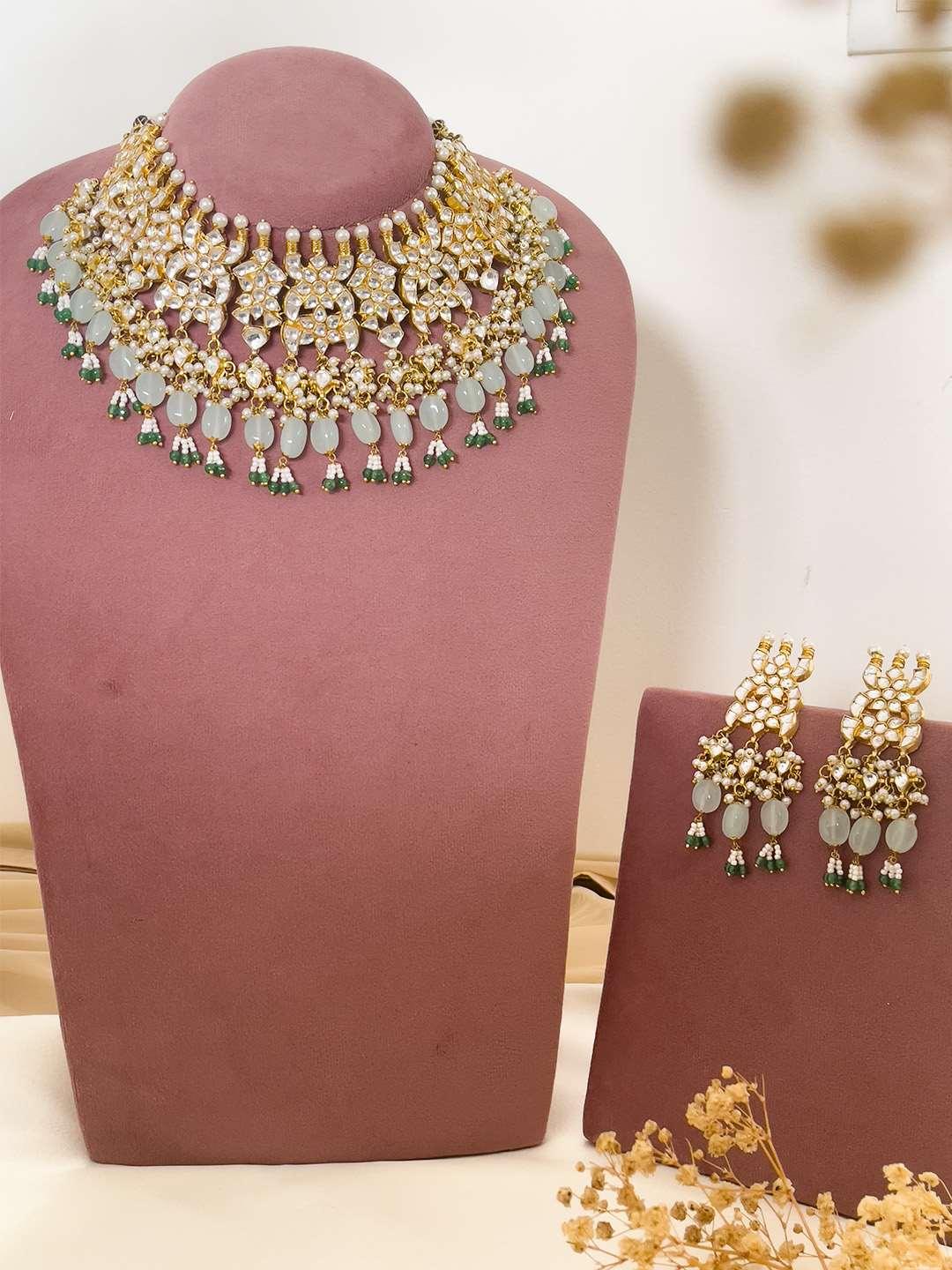 Ishhaara Pastel Sea Green Beads Embedded Patchi Kundan Necklace