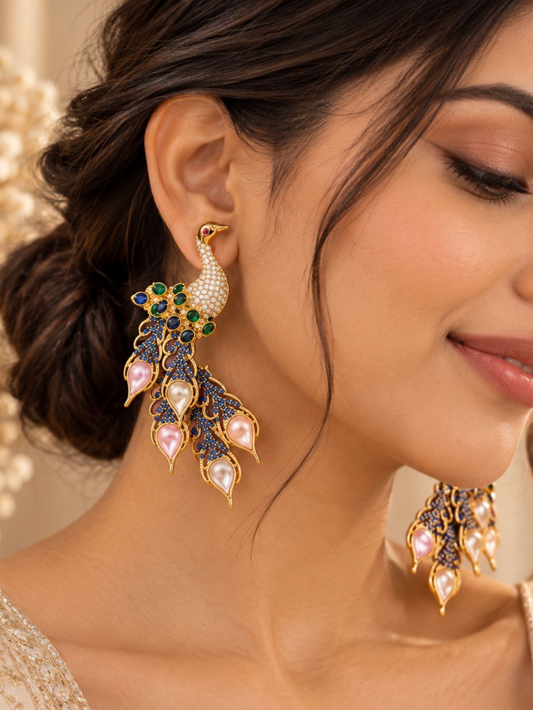 Ishhaara Peacock Pearl Embellished Earrings