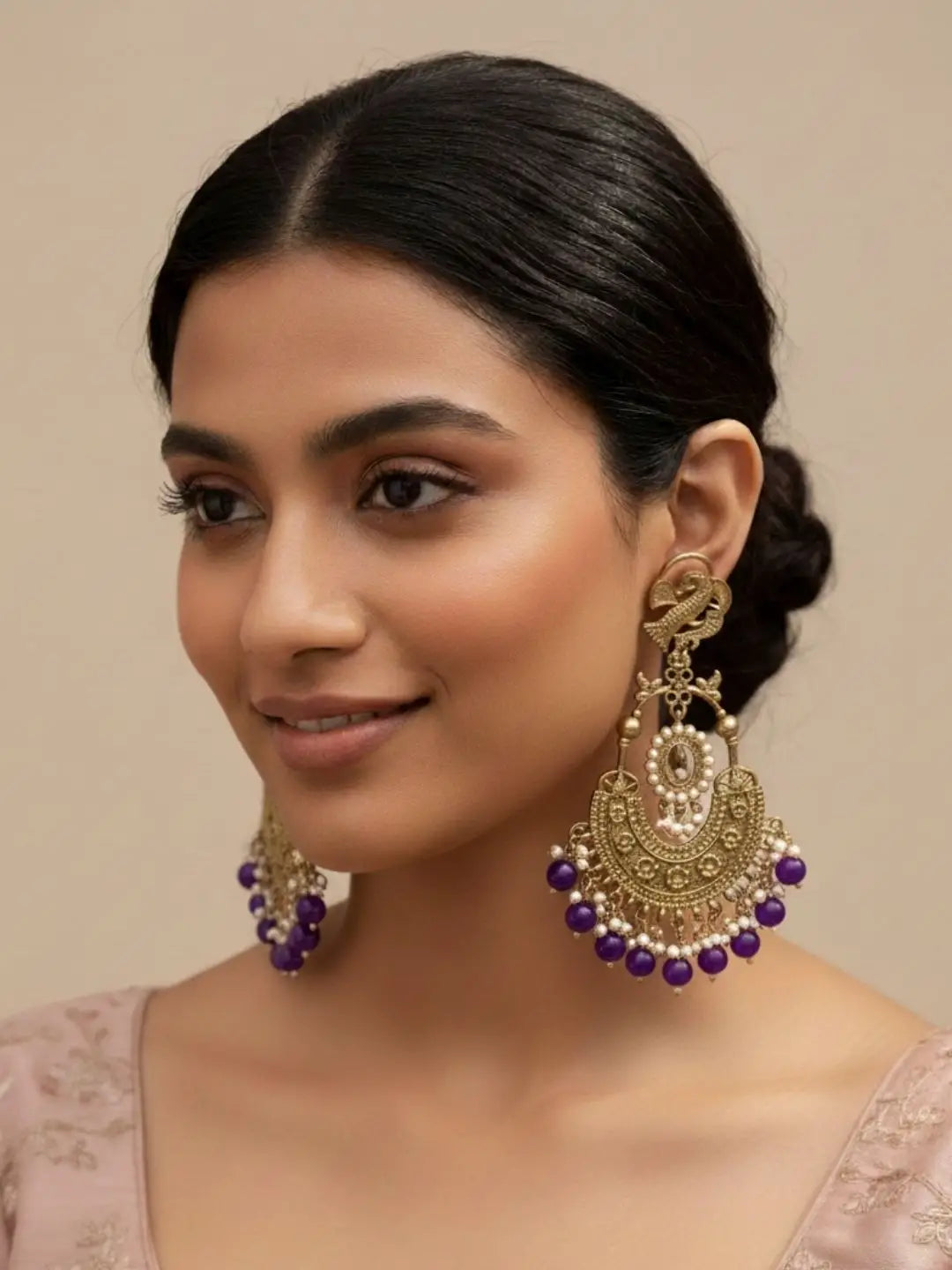 Ishhaara Peacock Shaped Stones And Beads Chandbalis
