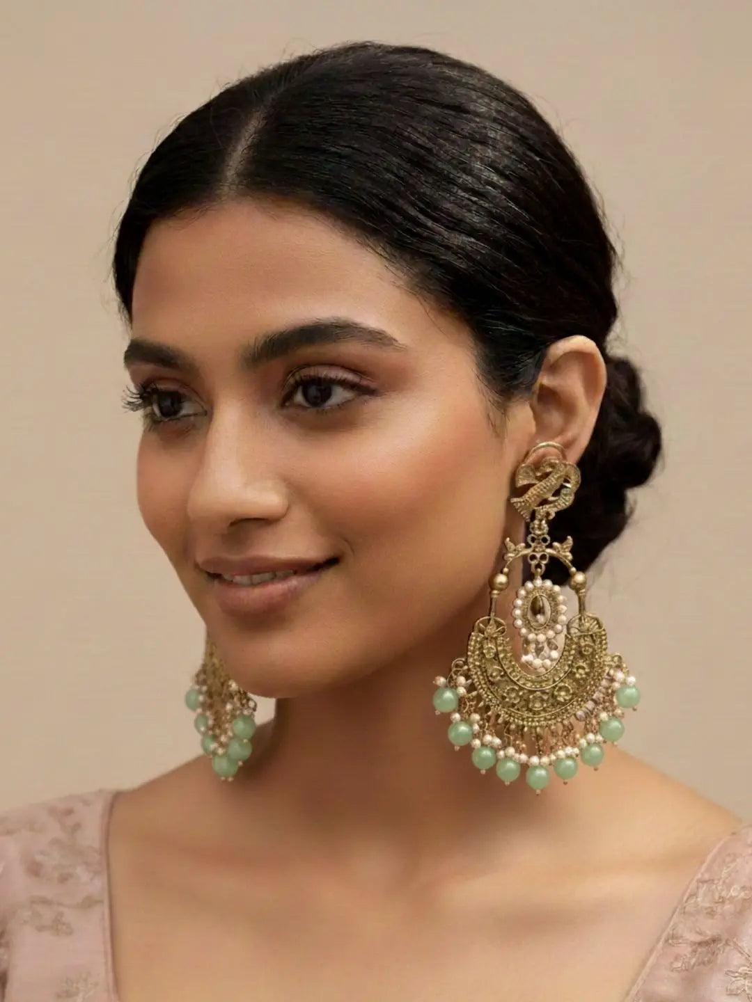 Ishhaara Peacock Shaped Stones And Beads Chandbalis