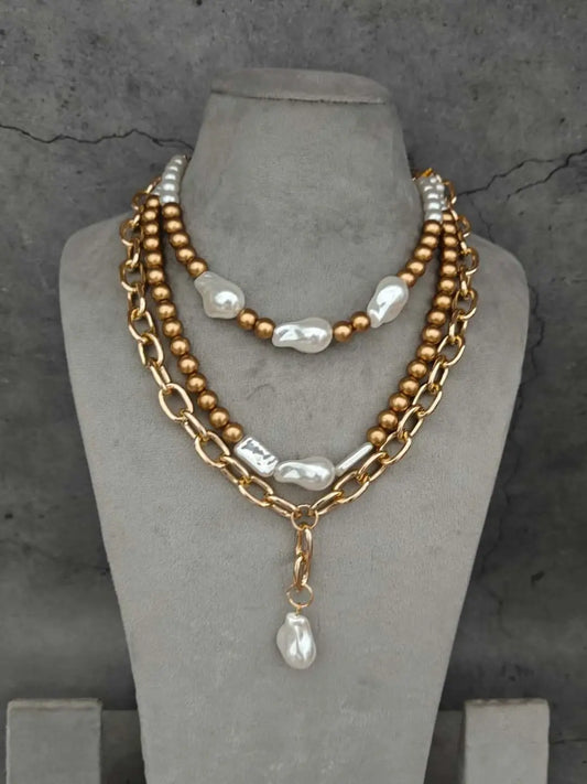 Ishhaara Pearl And Gold Chain Link Layered Necklace
