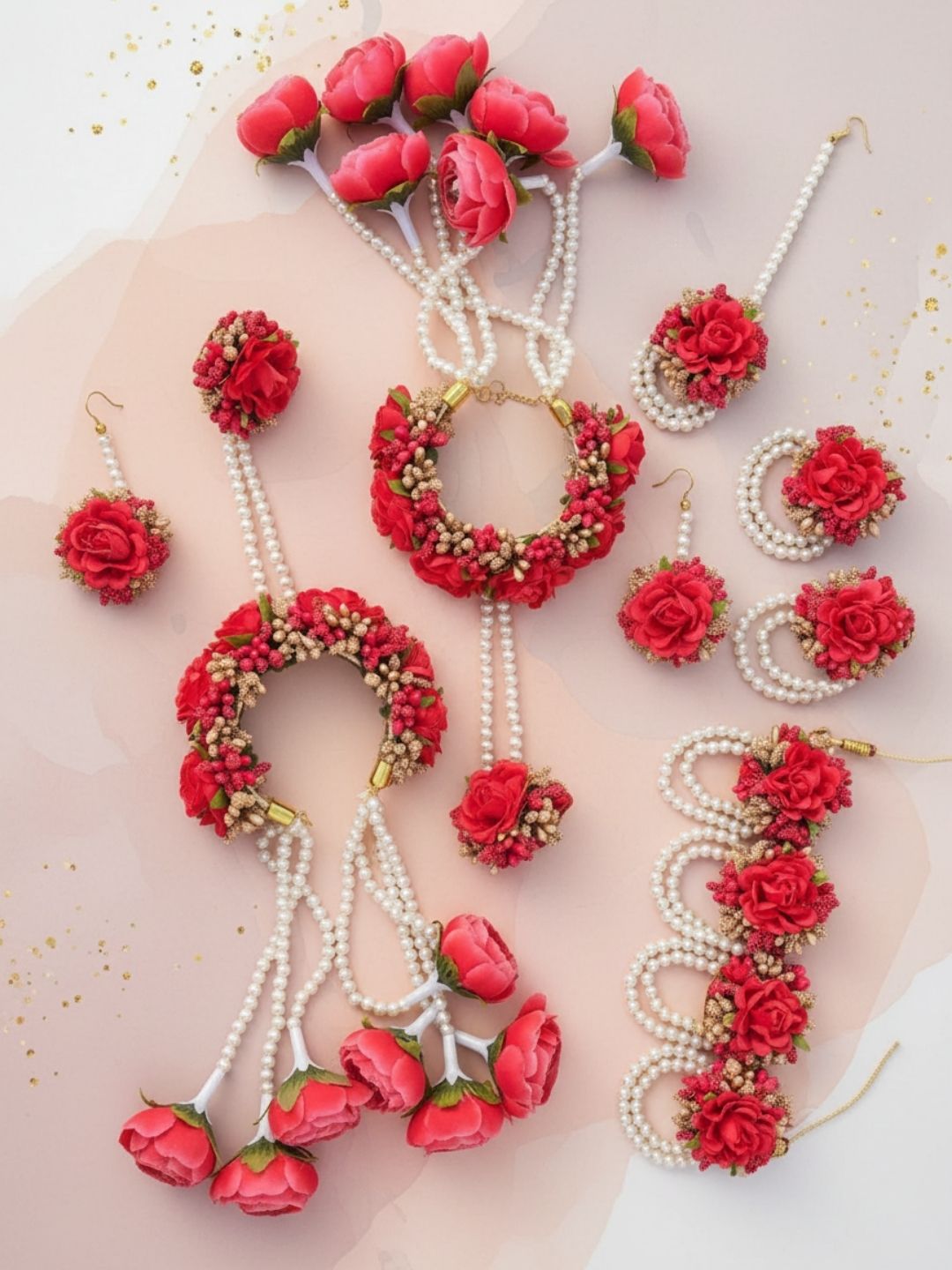 Ishhaara Pearl And Pink Roses Studded Full Bridal Set