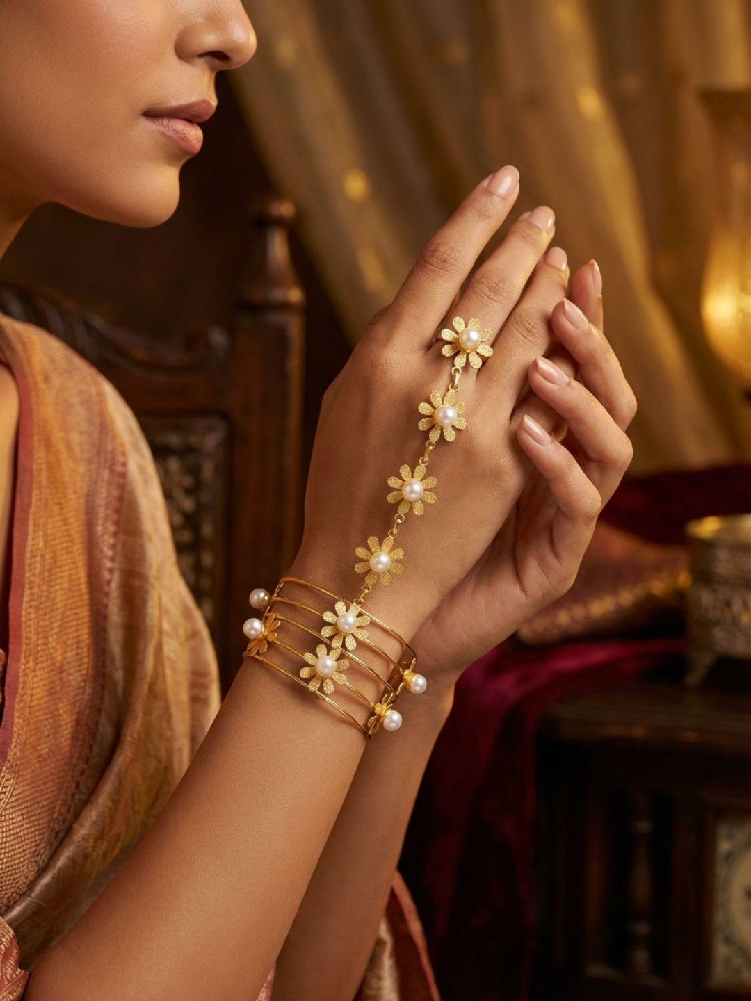 Ishhaara Pearl Studded Floral Haath Phool