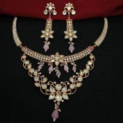 Ishhaara Ad Stone Kundan Leaf Necklace Set