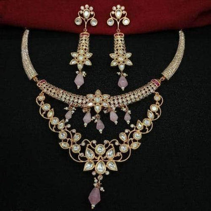 Ishhaara Ad Stone Kundan Leaf Necklace Set