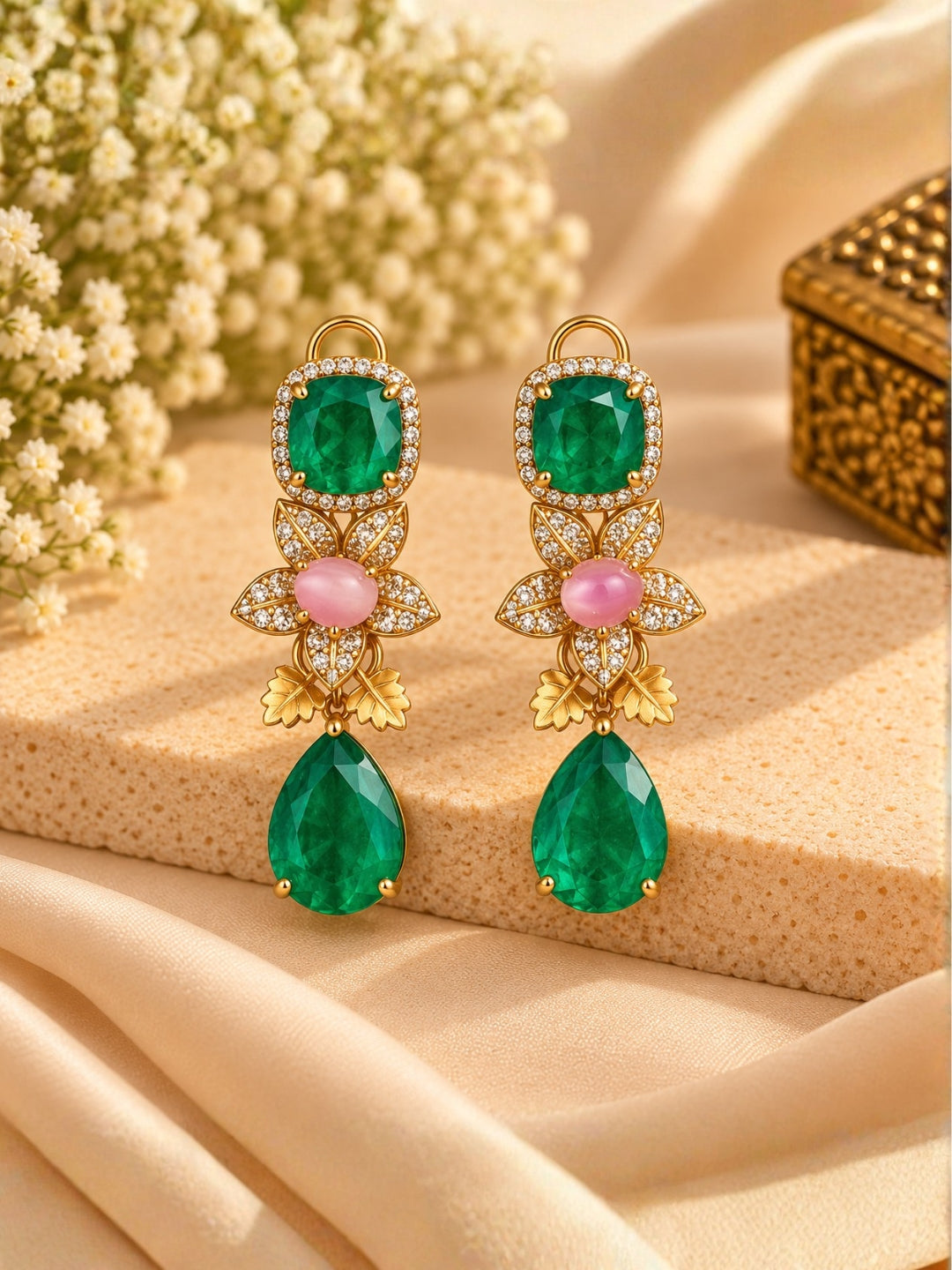 Ishhaara Pink And Emerald Green Stone Earrings