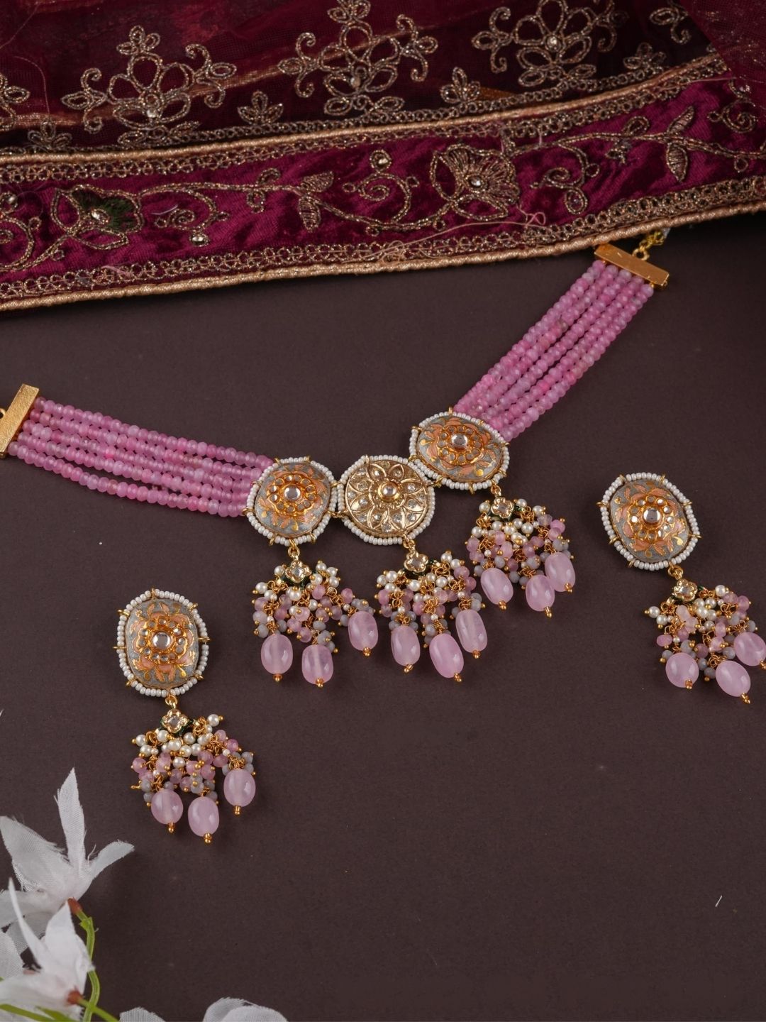 Ishhaara Pink Color Meena Work Choker Necklace