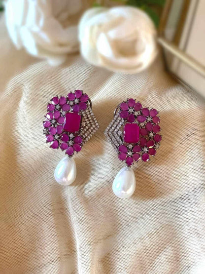 Ishhaara Pink Crystal-Pearl Harmony Earring-White